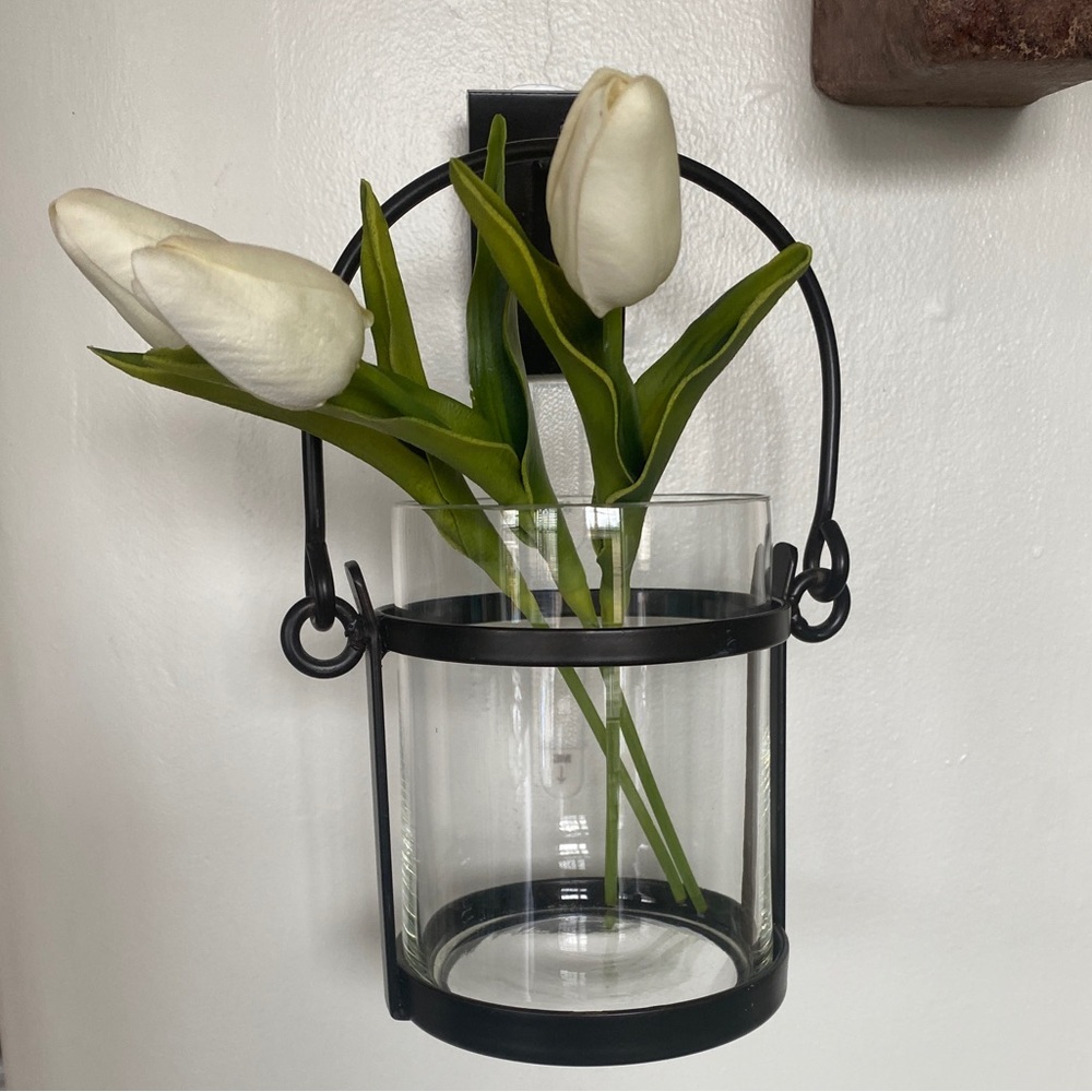 Set/2 Wall Hanging Metal & Glass Vase or Candleholder